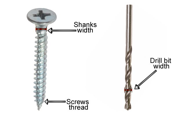 A crew with the labelled shank width and the screws threads with a pilot drill bit with labelled drill bit width