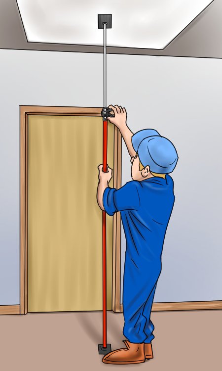 man using an adjustable lightweight support prop to raise and hold a drywall ceiling panel, being hoisted using the pistol grip