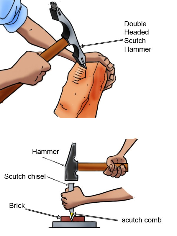 cutting bricks with a scutch hammer and a scutch chisel: labelled scutch hammer, scutch chisel, hammer, scutch comb and brick
