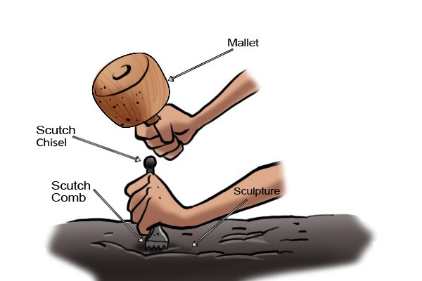 Using a scutch chisel to create a sculpture: mallet headed scutch chisel, scutch comb, sculpture and mallet
