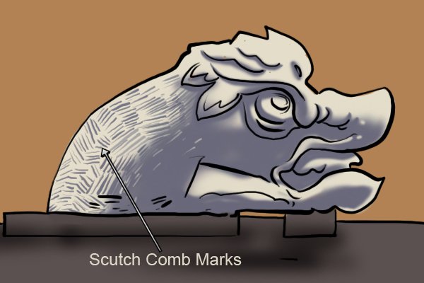 Scutch comb marks on a stone sculpture of a fish