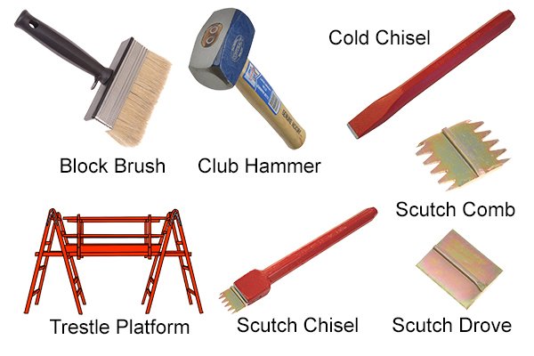 Things needed to prepare a soffit for plastering: trestle platform, club hammer, cold chisel, scutch chisel, scutch hammer, scutch comb, drove, and block brush