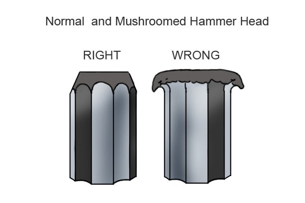 comparison of a mushroomed hammer head on a chisel and a normal hammer headed chisel