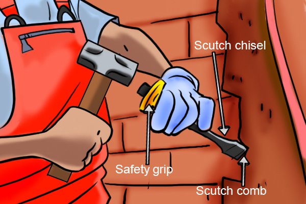 Using a safety grip on a Scutch Chisel: labelled scutch chisel, scutch comb and safety grip