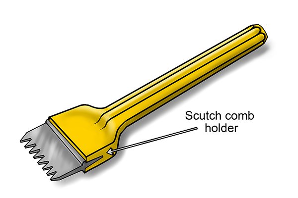 Labelled scutch comb holder on a blue scutch chisel with scutch comb