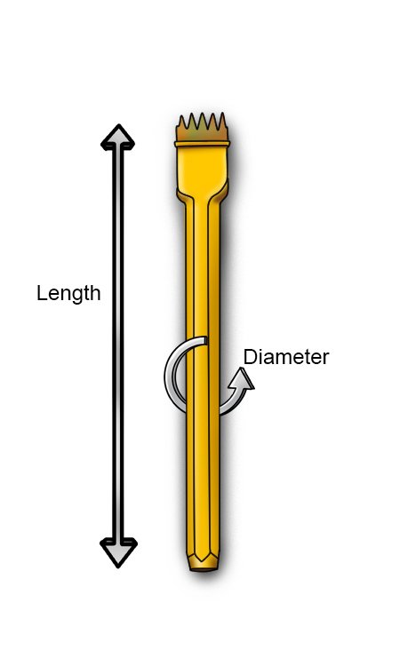 Labelled length and diameter of a yellow scutch chisel