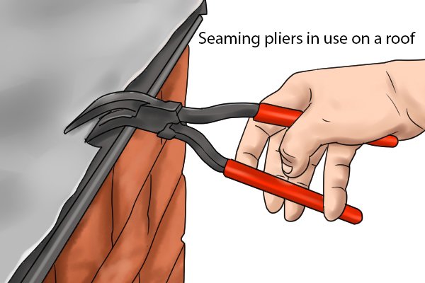 Seaming pliers in use on the edging of metal on a roof