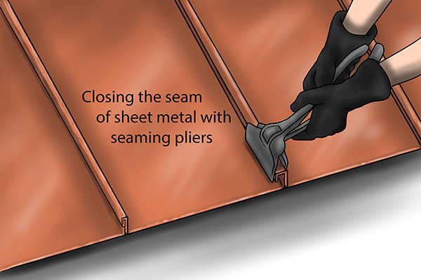Closing the standing seam on sheet metal with seaming pliers