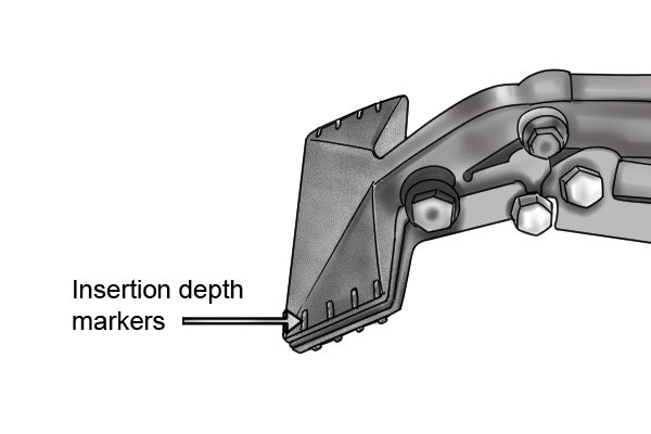 Insertion depth marks on jaws of seaming pliers 