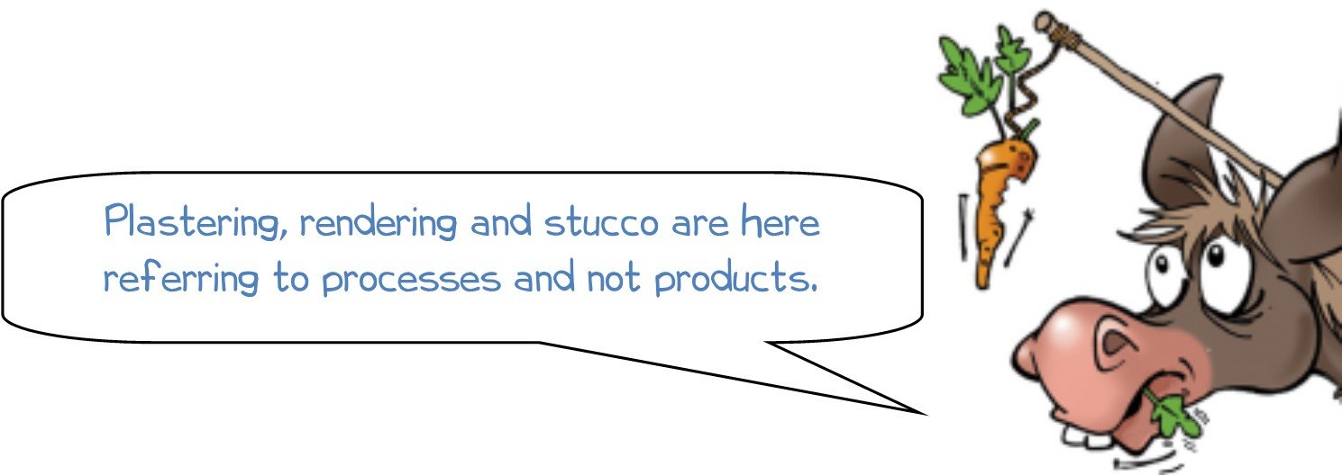 Wonkee Donkee says "Plastering, rendering and stucco are here referring to processes and not products."