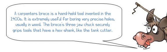 Wonkee Donkee says: 'What is a carpenter’s brace? A carpenter‘s brace is a hand-held tool invented in the 1400s. It is extremely useful for boring very precise holes, usually in wood. The brace’s three-jaw chuck securely grips tools that have a hex-shank, like the tank cutter.' 