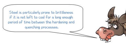 Wonkee Donkee says Steel is particularly prone to brittleness  if it is not left for a long enough period  of time between the hardening and  quenching processes.