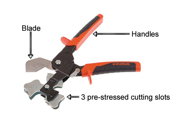 Parts of a 3 way tube cutter; handles, blade and 3 pre-stressed cutting slots
