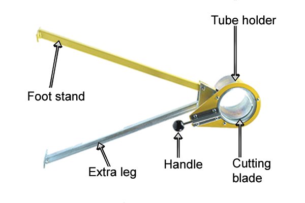 Parts of a drain and soil cutter; foot stand, extra leg, cutting blade, handle and tube holder