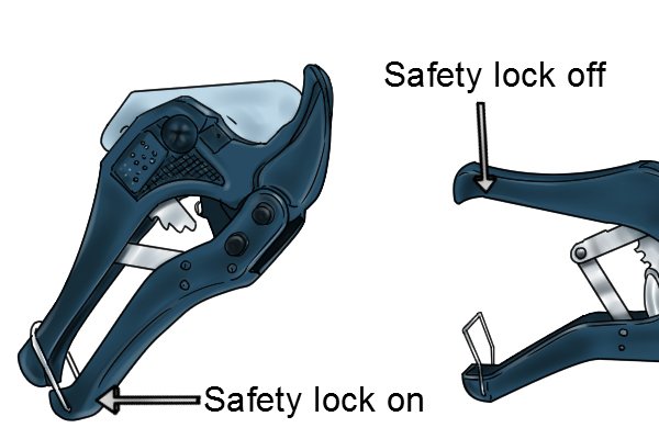 Safety lock on and off on a ratchet tube cutter