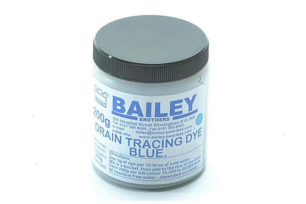 blue tracing dye, tub of powdered dye, tracing tests