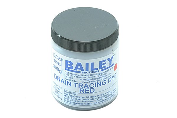 Red tracing dye, tub of powdered red tracing dye, coloured dye