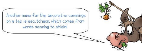 Another name for the decorative coverings on a tap is escutcheon, which comes from words meaning 'to shield'. 