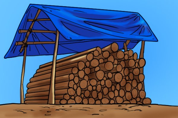 A tarpaulin covering a log store