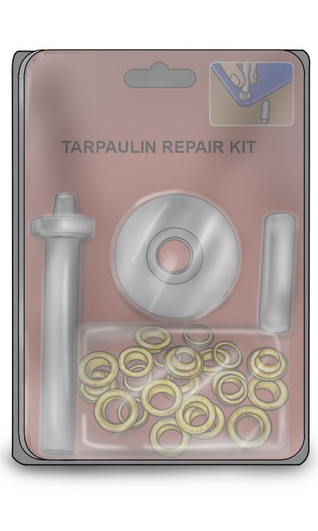 A tarpaulin repair kit with rust proof brass eyelets/grommets