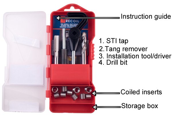 labelled coiled threaded insert kit, drill bit, STI tap, tang breaker, installation tool