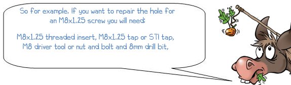 so for example, if you want to repair the hole for a m8x1.25 screw you will need: M8x1.25 threaded insert, M8x1.25 tap or STI tap, M8 driver tool or nut and bolt and 8mm drill bit, 