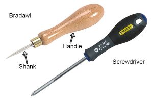 Comparing a bradawl with a screwdriver.