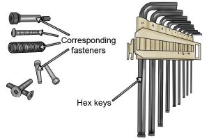 Examples of hex keys and corresponding fasteners.