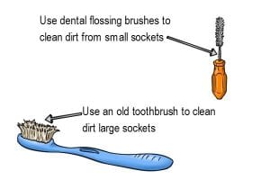 Using dental floss and toothbrushes to clean sockets