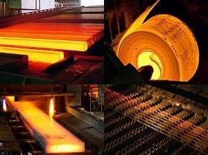 Liquid steel being poured into moulds in order to shape steel.