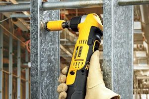 Angle drill being used on metal beams.