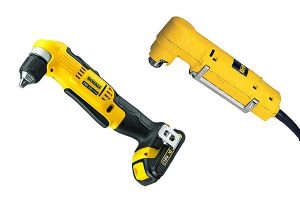 Using corded and cordless Dewalt angle drills.