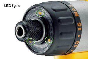 Three LED lights form a bright halo around the chuck.