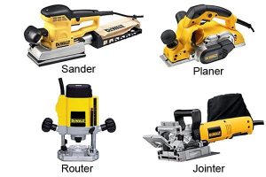 Four DeWalt woodworking power tools.