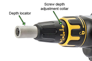 Labelled diagram of the depth locator and screw depth adjustment collar on a DeWaly drywall screwdriver.