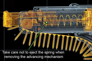 Be careful not to let the spring eject when removing the mechanism.