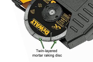Detailed image of the DeWalt twin layered mortar raking disc.