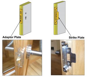 Illustration and real life image of an adaptor plate and a strike plate on rebated French doors.