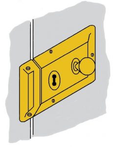 Rim lock installed to secure a property.